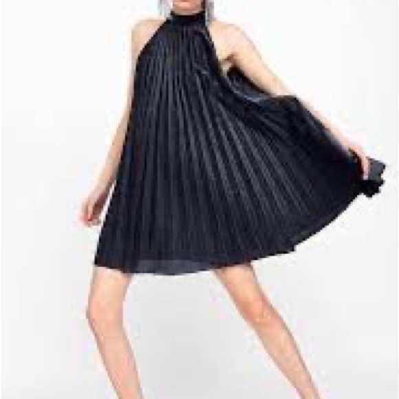 ZARA BLACK SILVER METALLIC PLEATED MINI DRESS Size M - Picture 2 of 6